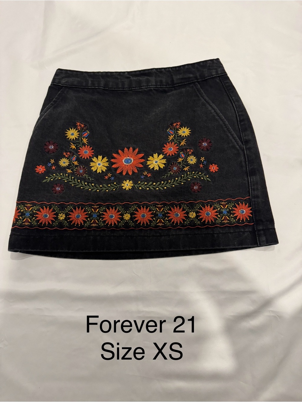 Forever 21 Black Mini Skirt with Multicolor Floral Embroidery